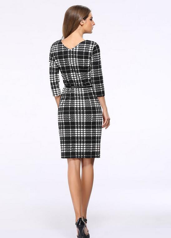 F2498 Cheap plaid square collar three quarter sleeve pencil dress